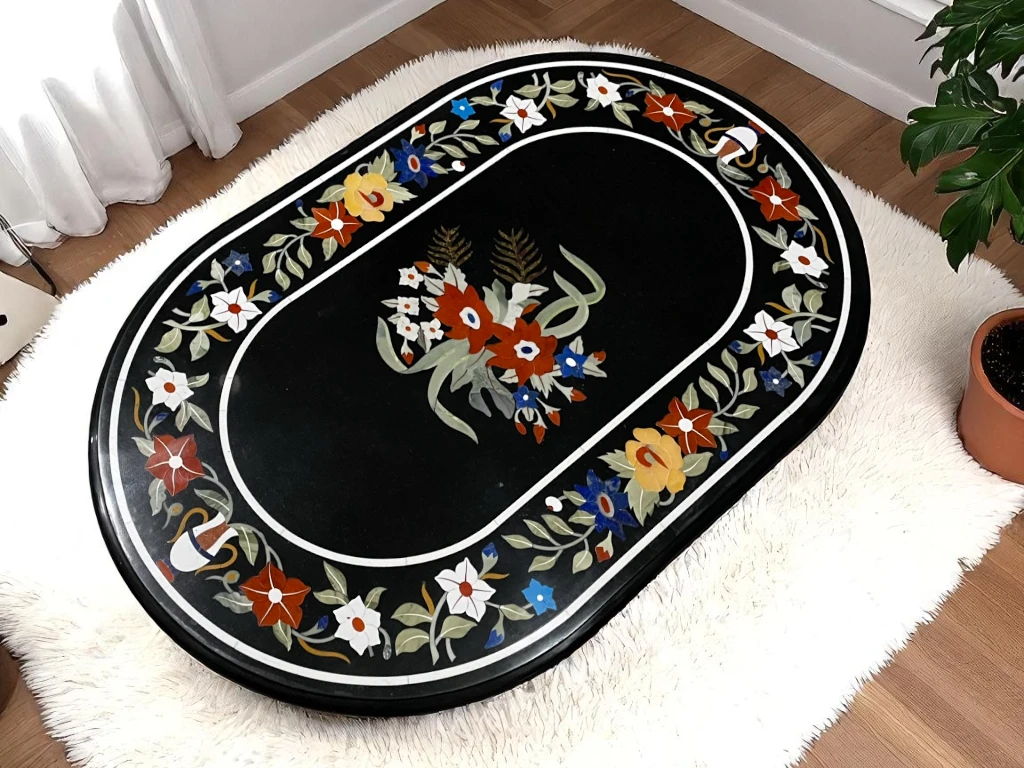 Oval Marble Table with Semi Precious Art